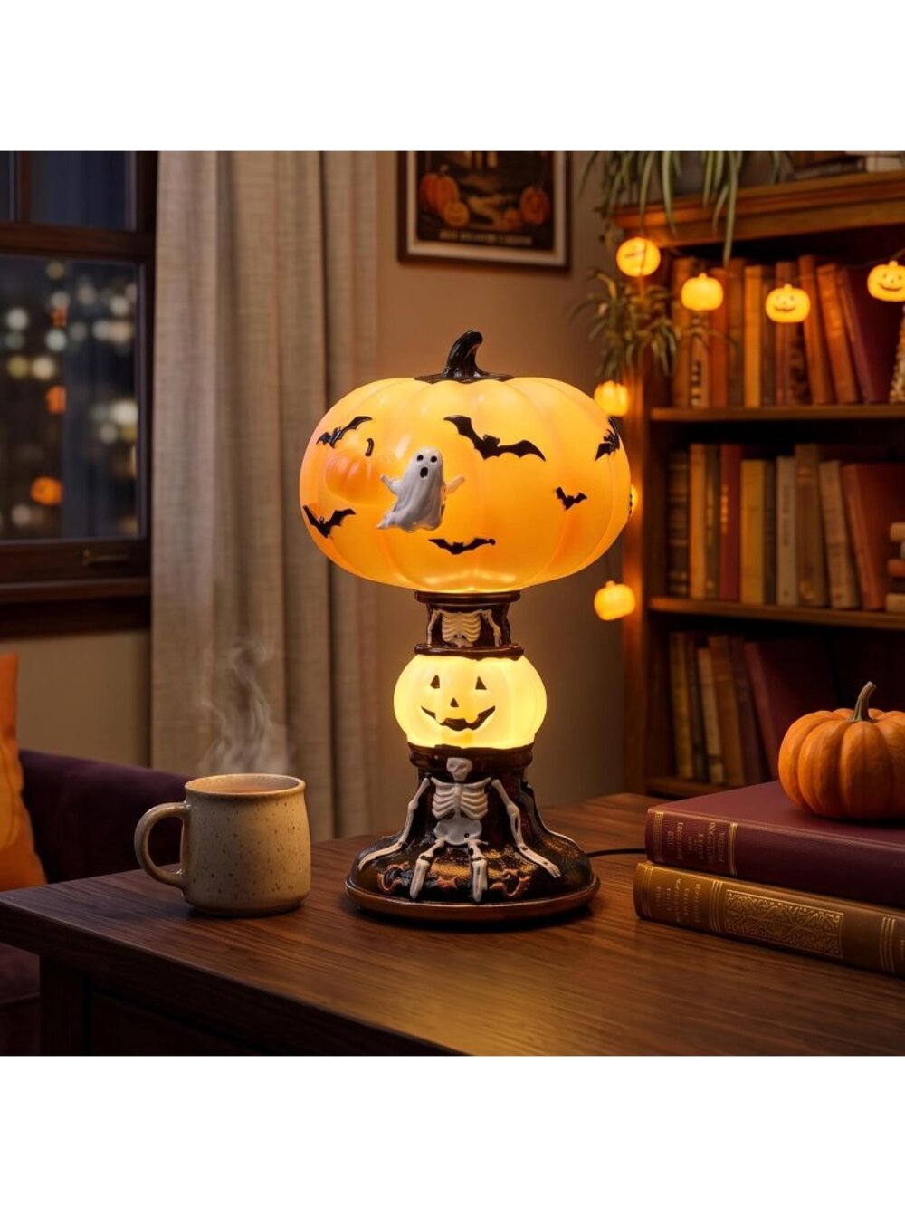 New Hand-Painted Halloween Pumpkin Night Light Gothic Resin Table Lamp Decor